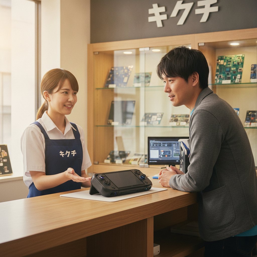 修理店のカウンターで携帯ゲーミングPCの診断結果と修理内容を説明するスタッフとお客様