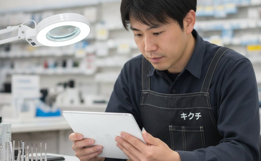 白い無印iPad風のタブレットの画面割れを、作業台で慎重に診断する日本人の修理スタッフ