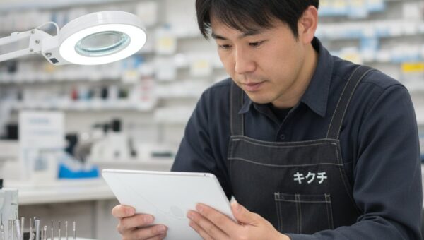 白い無印iPad風のタブレットの画面割れを、作業台で慎重に診断する日本人の修理スタッフ