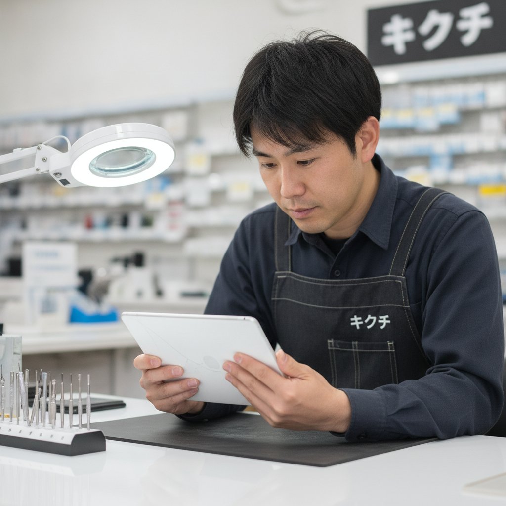 白い無印iPad風のタブレットの画面割れを、作業台で慎重に診断する日本人の修理スタッフ