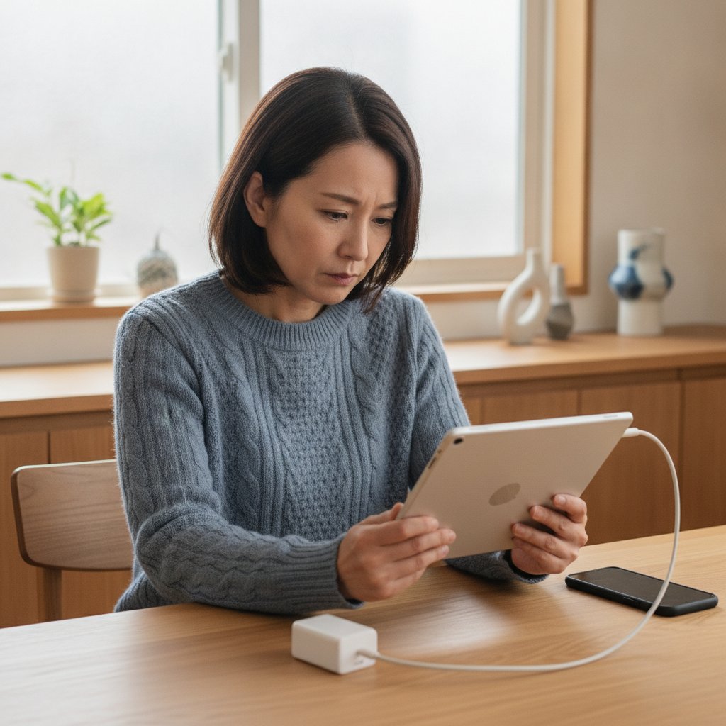 充電ケーブルをつないでも反応しないタブレットを見て、困った表情を浮かべる日本人女性