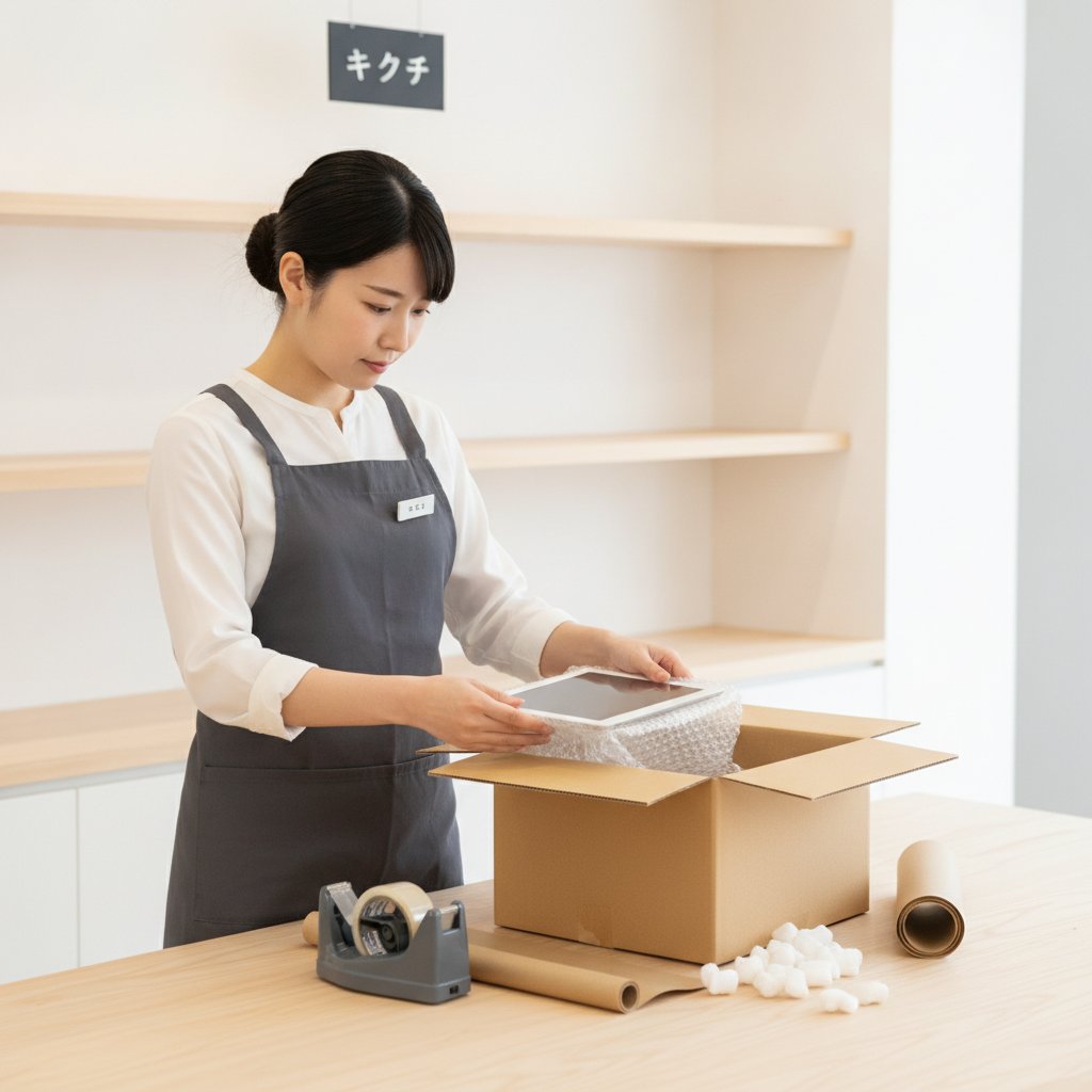 修理に出すタブレットを緩衝材で包み、丁寧に梱包する日本人スタッフ
