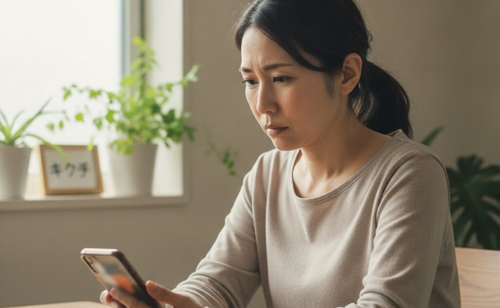 iPhoneの設定画面に表示された部品と修理の履歴を見て不安そうな表情をする女性