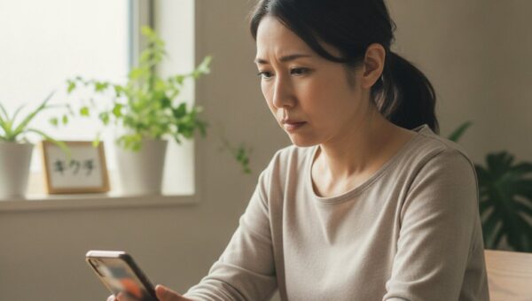 iPhoneの設定画面に表示された部品と修理の履歴を見て不安そうな表情をする女性