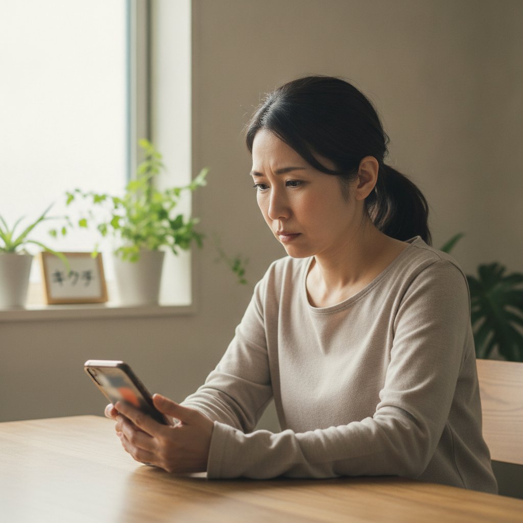 iPhoneの設定画面に表示された部品と修理の履歴を見て不安そうな表情をする女性