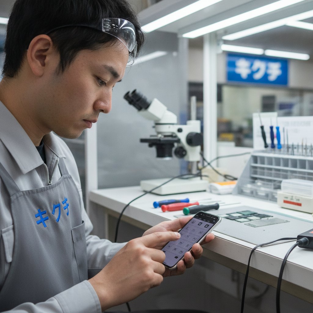 修理後のiPhoneのタッチ操作を作業台で確認する修理スタッフ