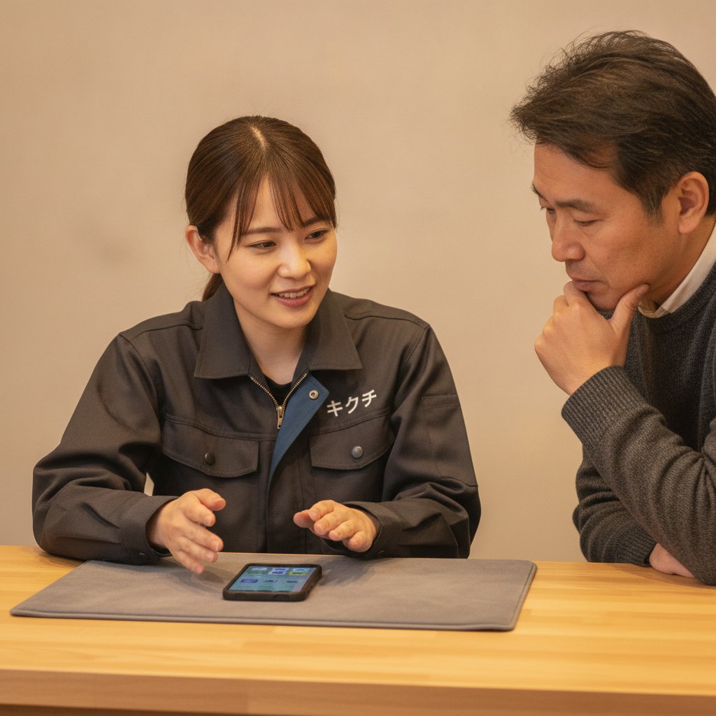 修理店のカウンターでiPhoneの修理後の表示についてお客様に説明するスタッフ
