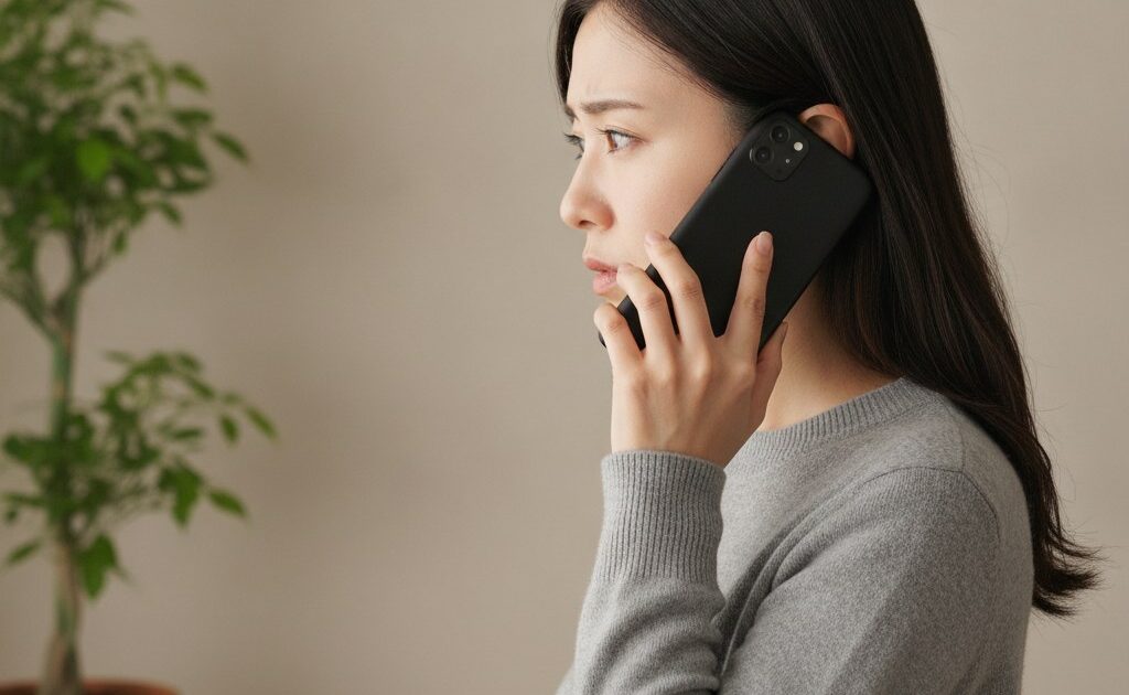 通話中にiPhoneを耳に当てて困った表情をする女性。近接センサーの不具合で画面が消えず誤操作が起きるイメージ