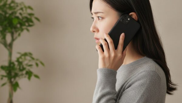通話中にiPhoneを耳に当てて困った表情をする女性。近接センサーの不具合で画面が消えず誤操作が起きるイメージ