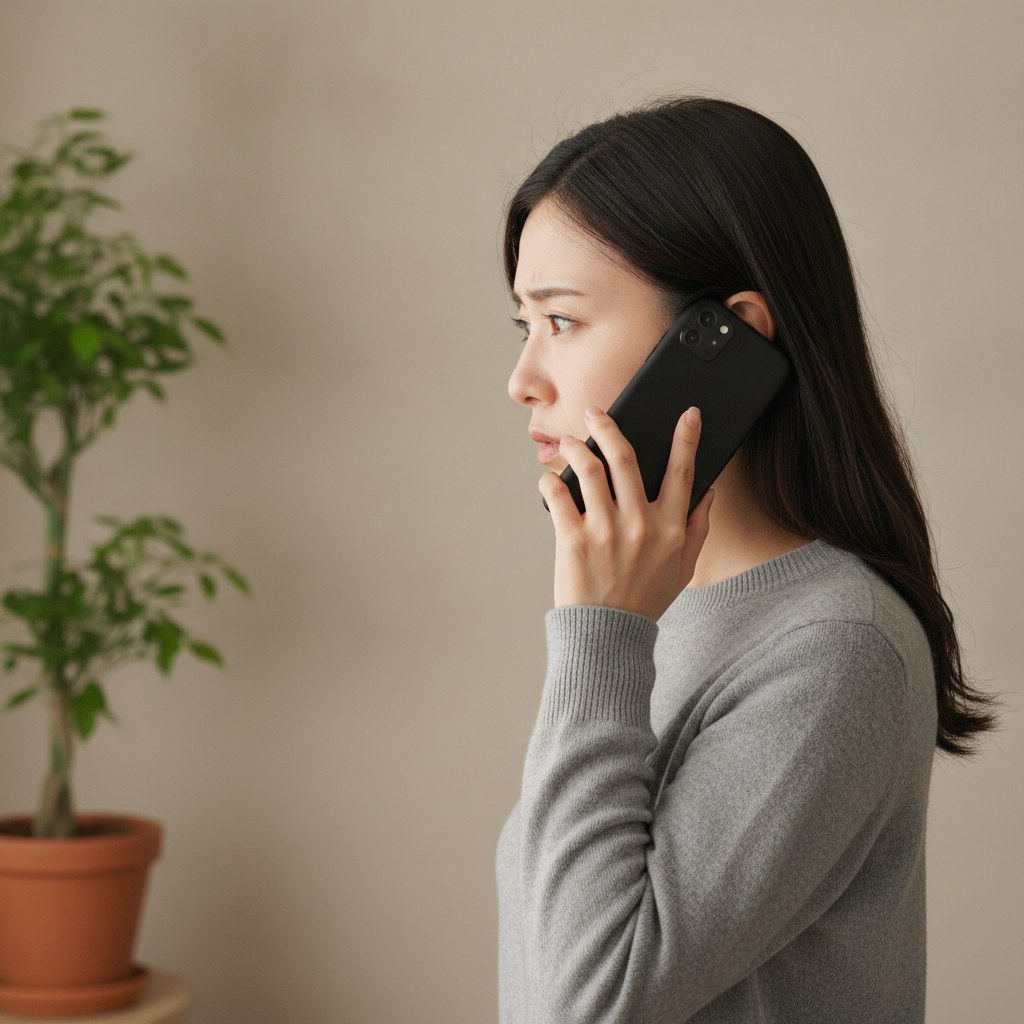 通話中にiPhoneを耳に当てて困った表情をする女性。近接センサーの不具合で画面が消えず誤操作が起きるイメージ