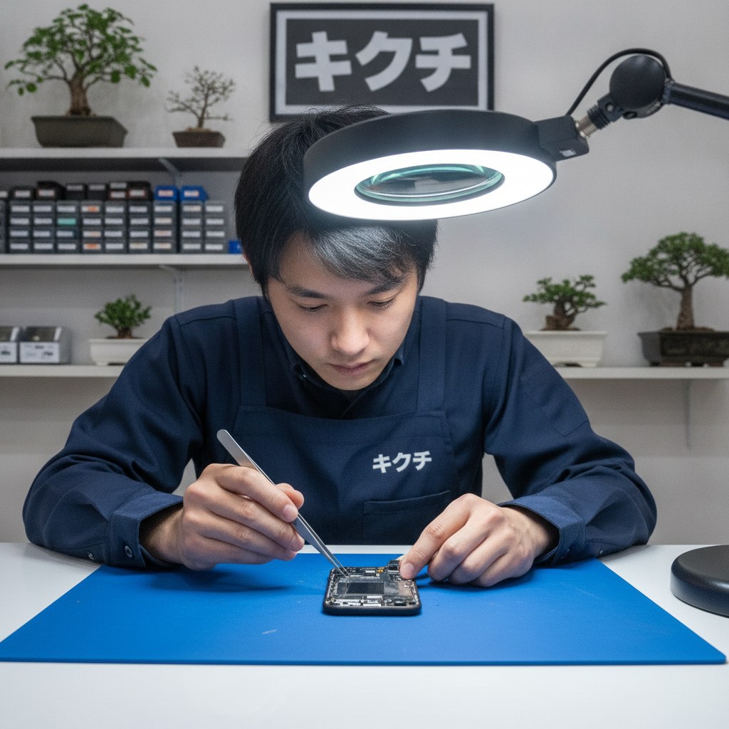 修理店の作業台でスマートフォンの画面上部のセンサー部分を拡大鏡とピンセットで点検する修理スタッフ
