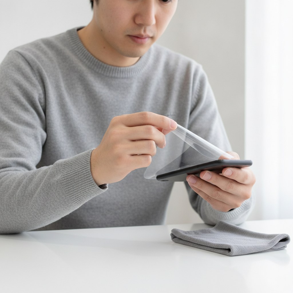 スマートフォンの保護フィルムを画面上部からはがして近接センサーへの影響を確認する男性の手元
