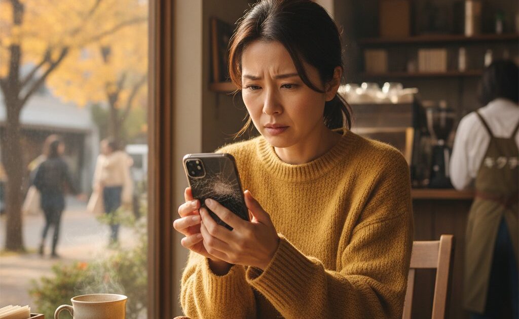カフェで画面にヒビの入ったiPhone 11を心配そうに見つめる女性