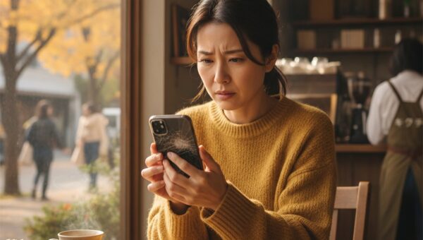 カフェで画面にヒビの入ったiPhone 11を心配そうに見つめる女性
