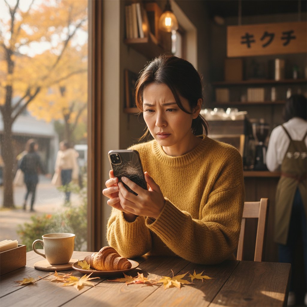 カフェで画面にヒビの入ったiPhone 11を心配そうに見つめる女性