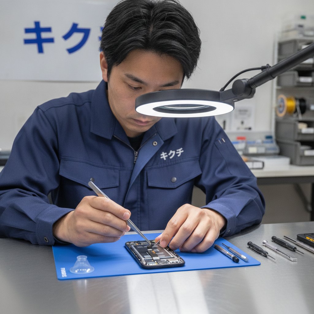 修理のキクチの技術者がiPhone 11の内部とバッテリーを拡大鏡で点検している様子