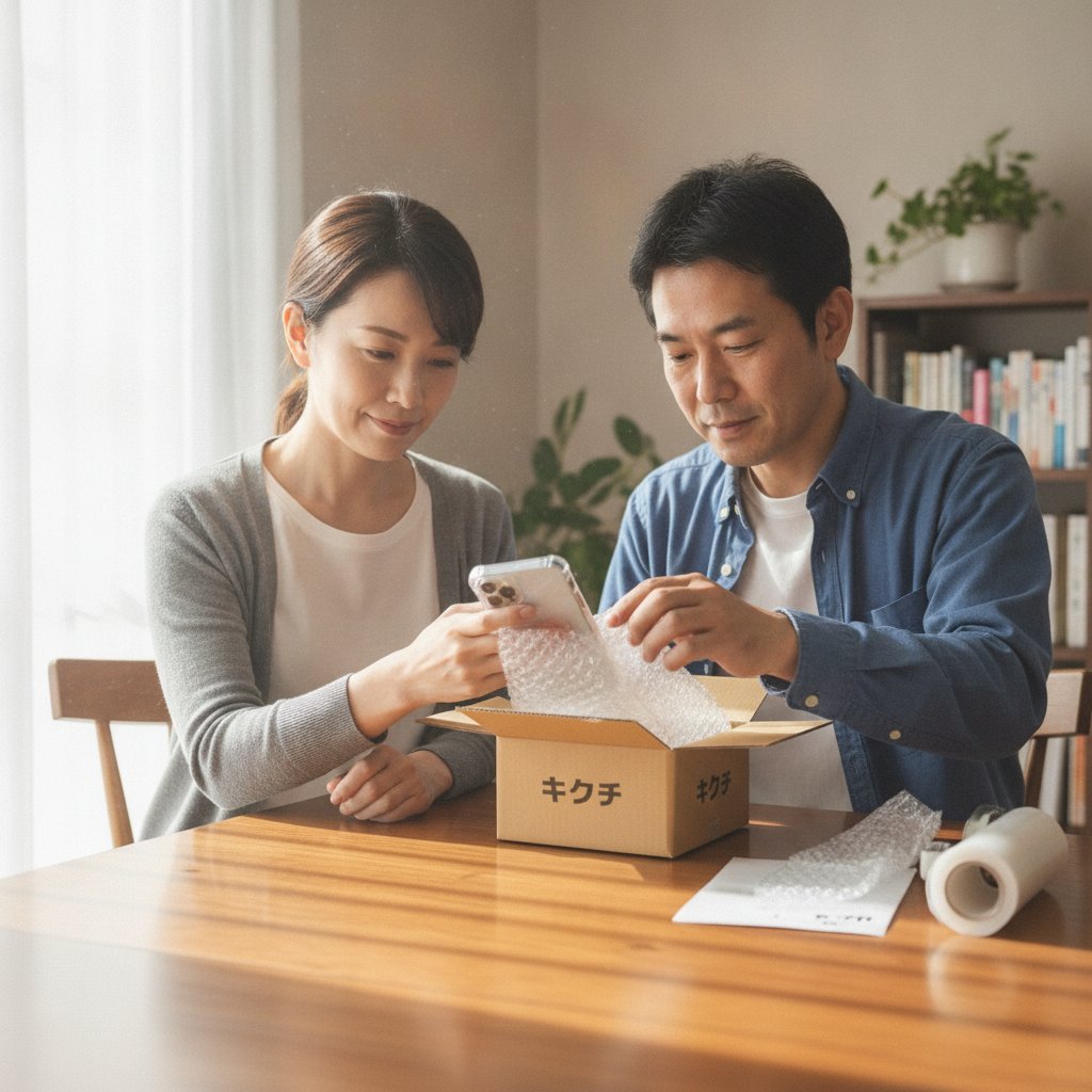 修理のキクチへ郵送するためiPhoneを緩衝材で梱包する夫婦