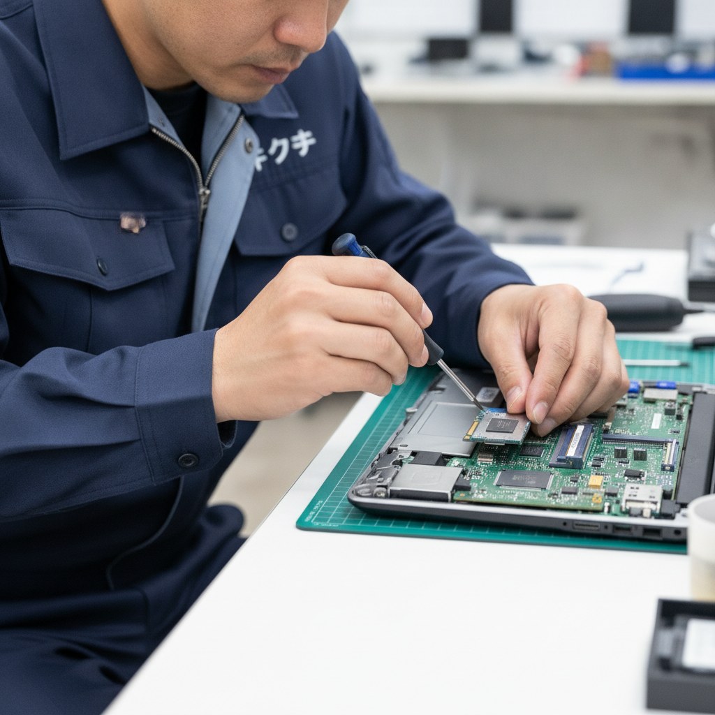 修理スタッフがノートパソコンのSSDを交換している様子