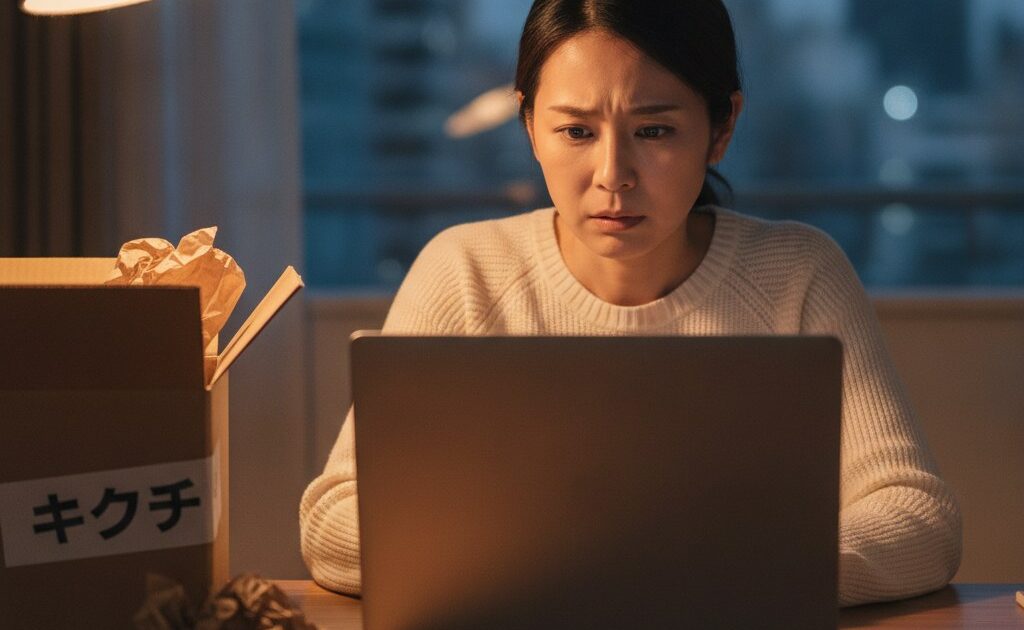 修理から戻ったノートパソコンを前に、ライセンス認証の表示に戸惑う女性
