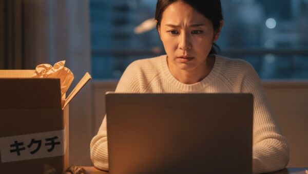 修理から戻ったノートパソコンを前に、ライセンス認証の表示に戸惑う女性