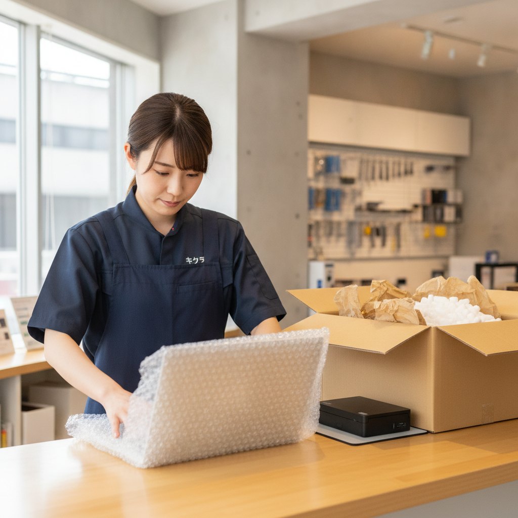 郵送修理に出すノートパソコンを緩衝材で梱包している修理のキクチのスタッフ
