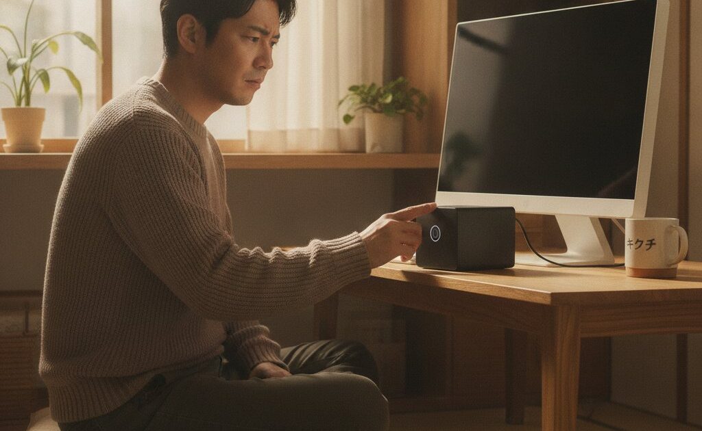 ミニPCの電源ボタンを押しても画面が映らず困っている男性