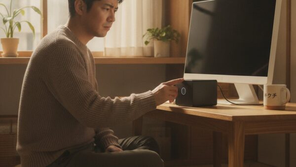 ミニPCの電源ボタンを押しても画面が映らず困っている男性