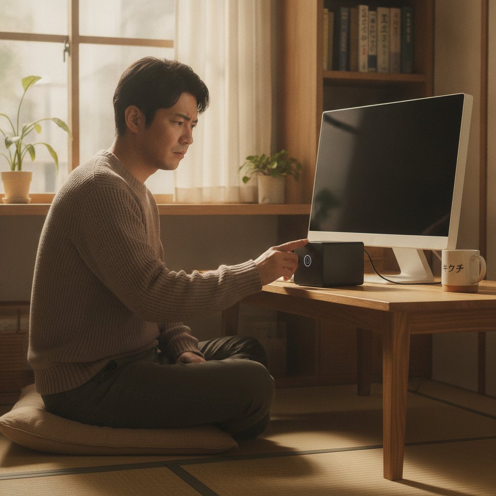ミニPCの電源ボタンを押しても画面が映らず困っている男性