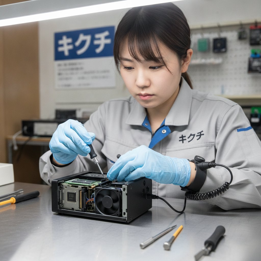 修理スタッフがミニPCを分解し、M.2 SSD・メモリ・冷却ファンを点検している様子