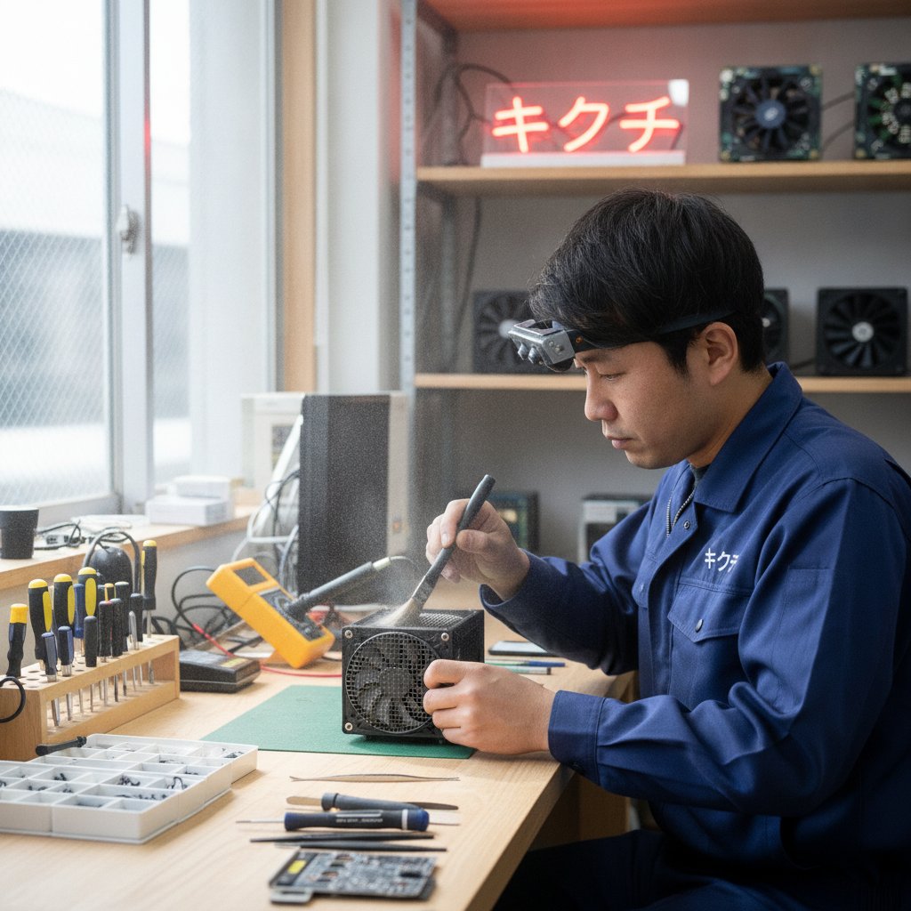 修理スタッフがミニPCの冷却ファンと通気口のホコリをブラシで清掃している様子