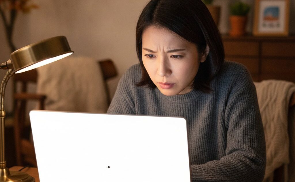夜の部屋でノートパソコンの画面に見える小さな黒い点を心配そうに確認する女性