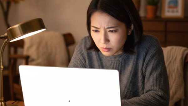 夜の部屋でノートパソコンの画面に見える小さな黒い点を心配そうに確認する女性