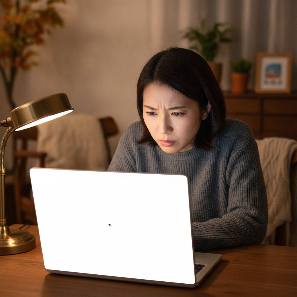 夜の部屋でノートパソコンの画面に見える小さな黒い点を心配そうに確認する女性