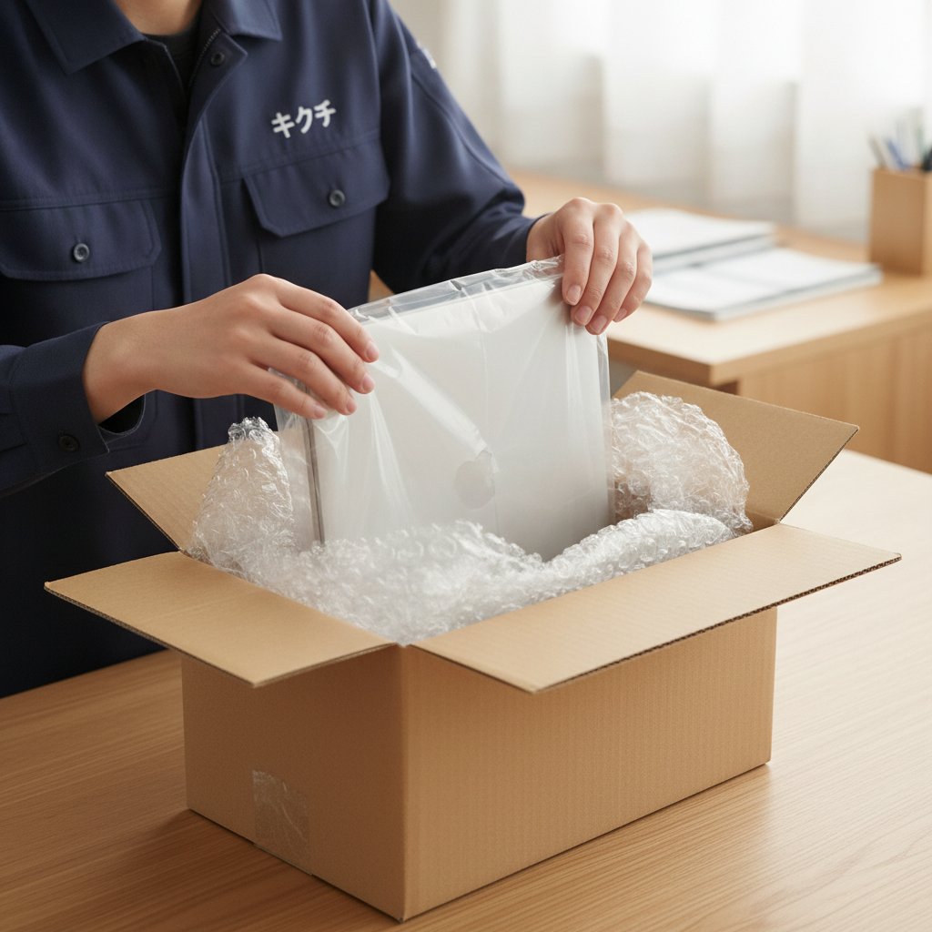 郵送修理に向けてビニール袋に入れたノートパソコンを緩衝材入りの段ボール箱に梱包する様子