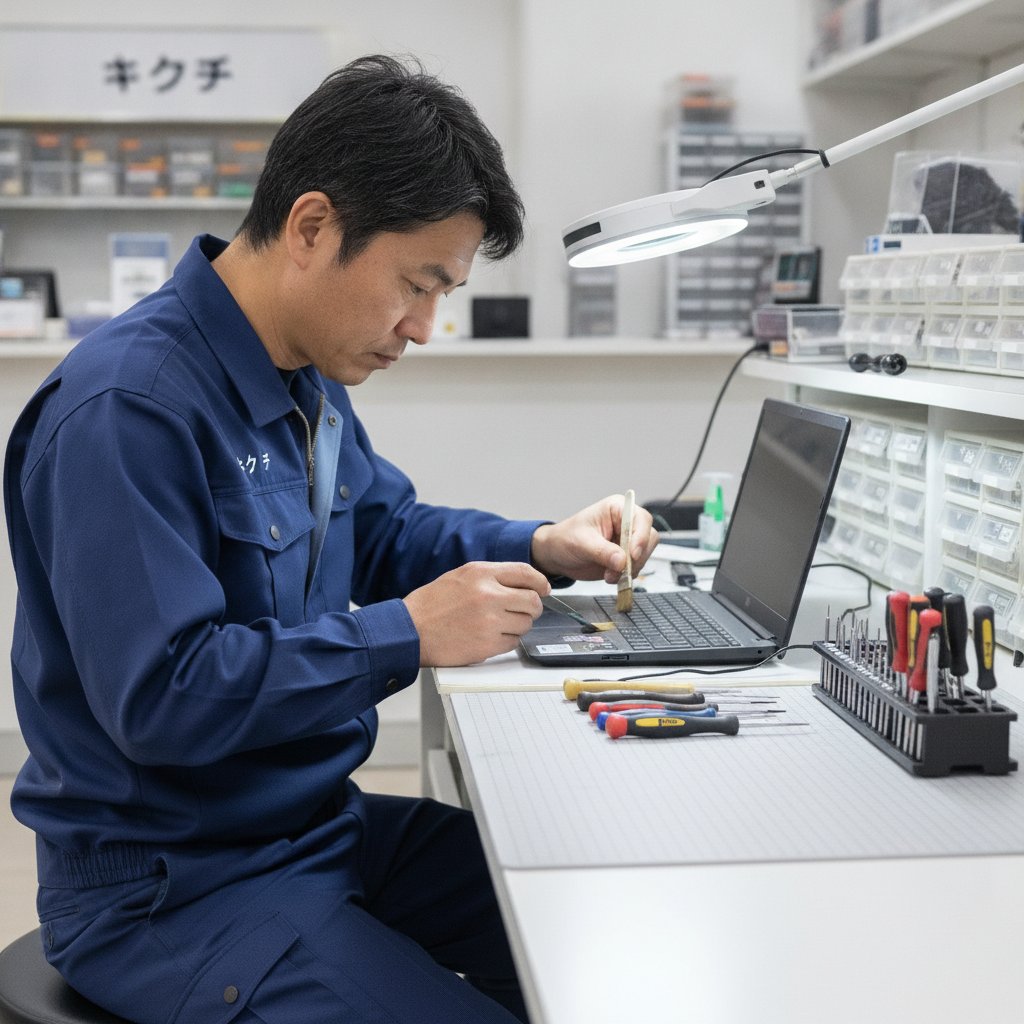 修理スタッフがノートパソコンのキーボード周りをブラシとピンセットで丁寧に清掃・点検する様子