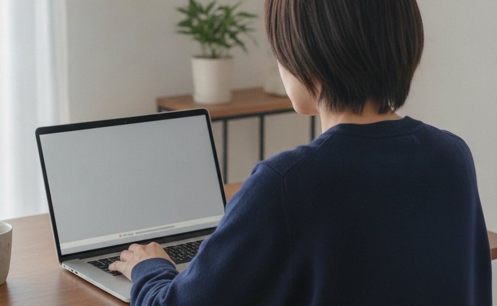有機ELノートパソコンの画面下部にタスクバーの焼き付きのような帯が見えて困っている女性