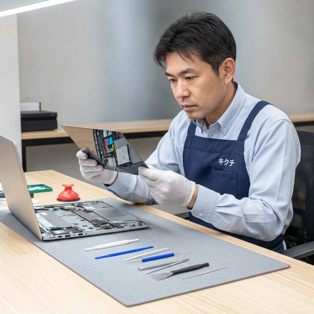 修理スタッフが取り外したノートパソコンの有機ELディスプレイパネルを点検している様子