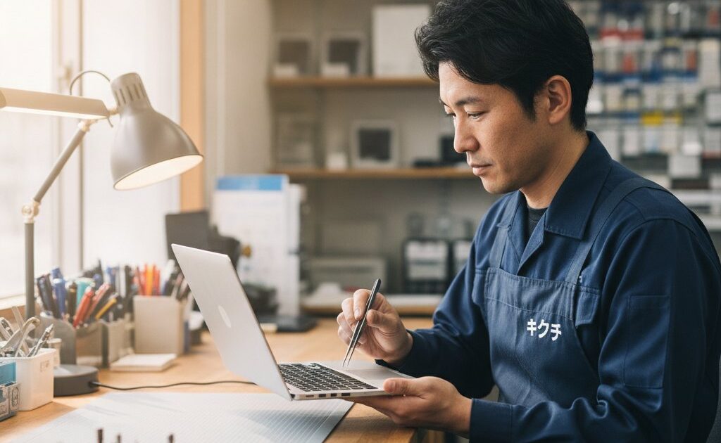 修理のキクチのスタッフがノートパソコンの光学ドライブのトレイを点検している様子