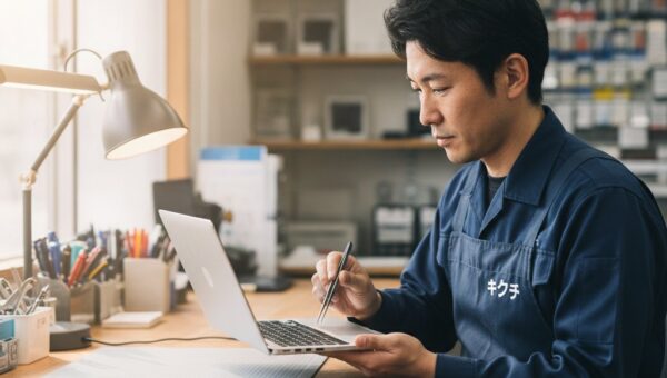 修理のキクチのスタッフがノートパソコンの光学ドライブのトレイを点検している様子
