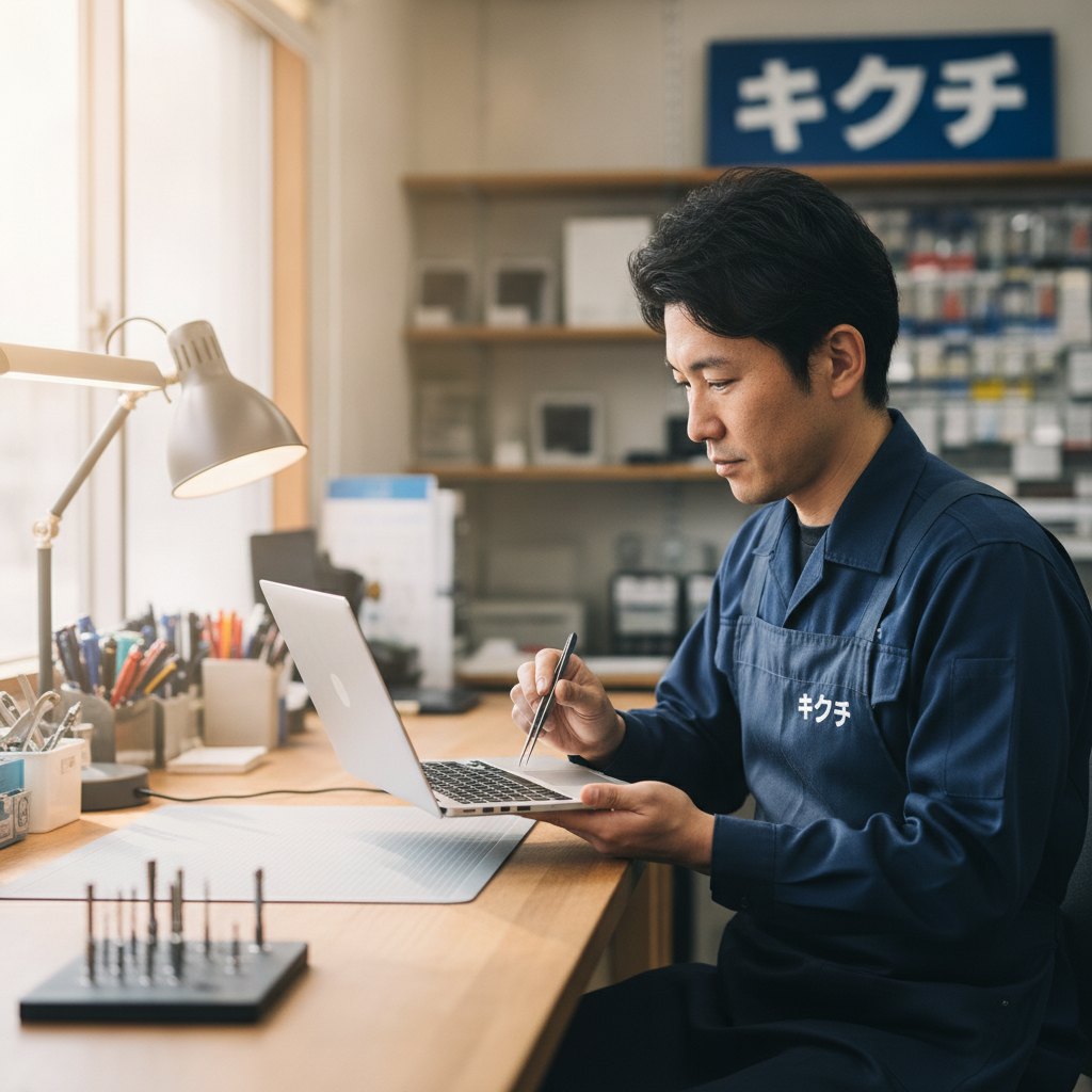 修理のキクチのスタッフがノートパソコンの光学ドライブのトレイを点検している様子