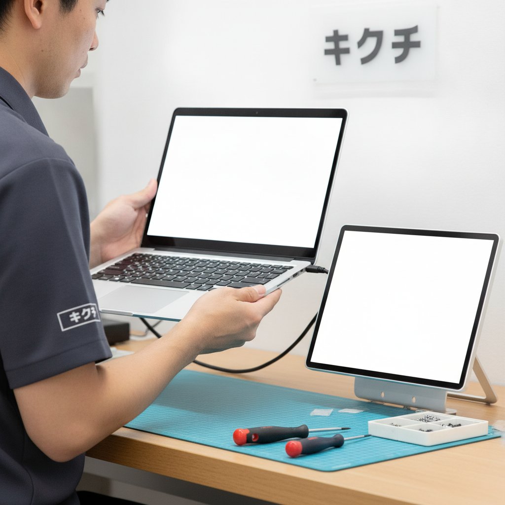 修理スタッフがノートパソコンを外部モニターにつなぎ、内蔵画面だけに残像が出るか切り分けている様子