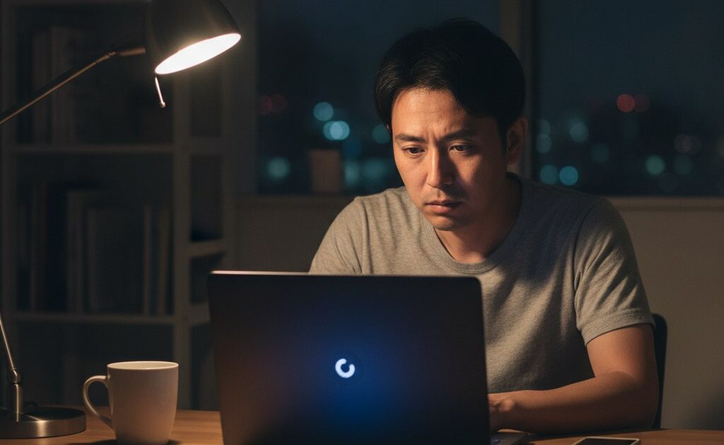 シャットダウン中の画面のまま終わらないノートパソコンを前に困っている男性