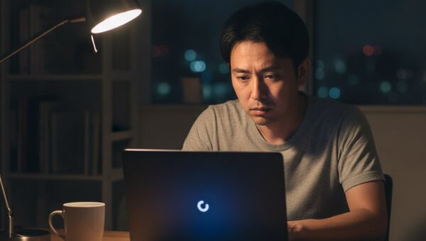 シャットダウン中の画面のまま終わらないノートパソコンを前に困っている男性