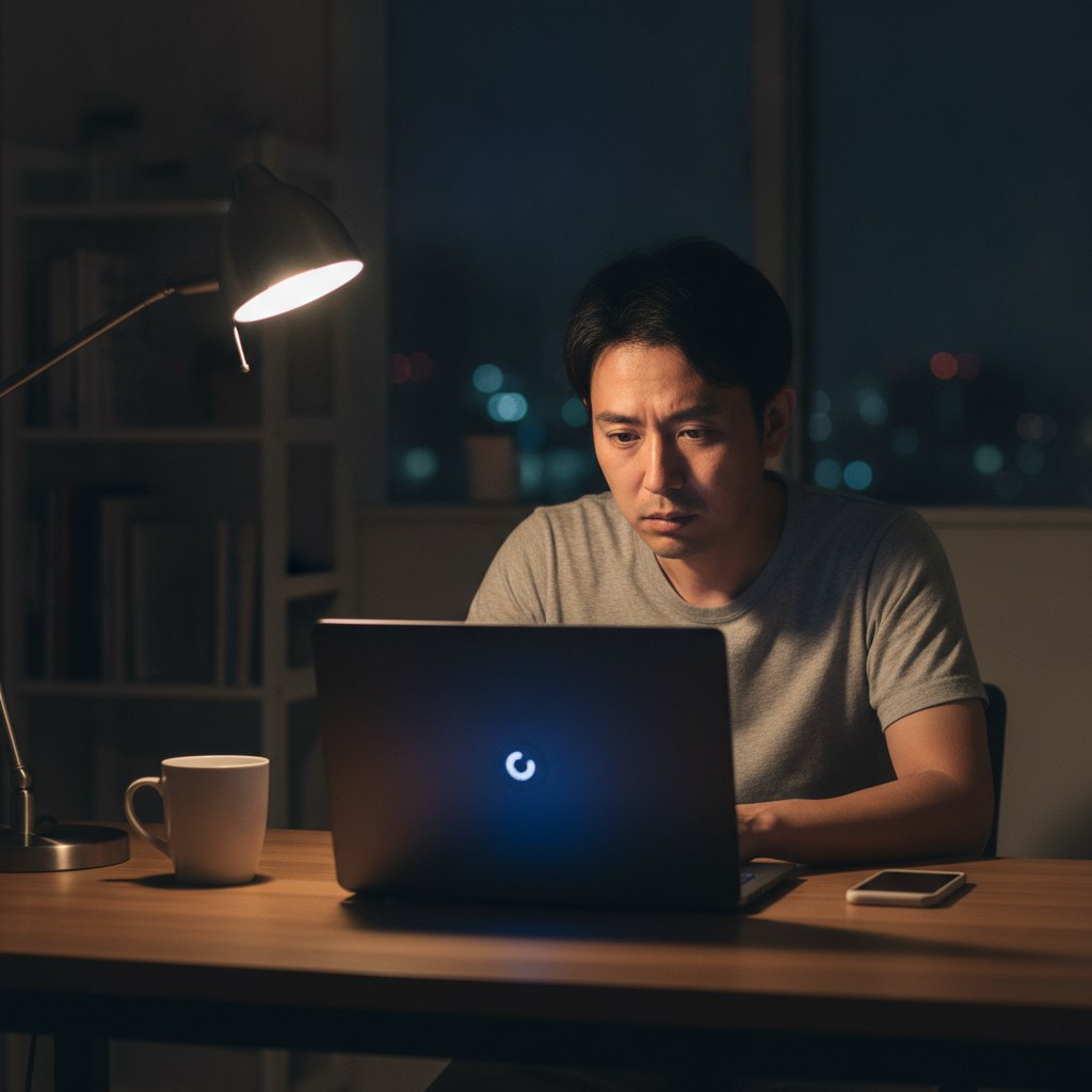 シャットダウン中の画面のまま終わらないノートパソコンを前に困っている男性