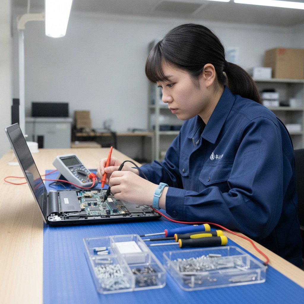 修理スタッフがノートパソコンの電源回路をテスターで点検している様子