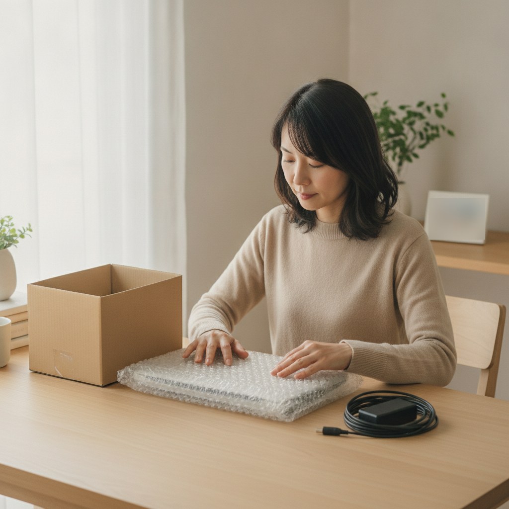 電源を切ったノートパソコンを緩衝材で包み郵送修理の準備をする女性