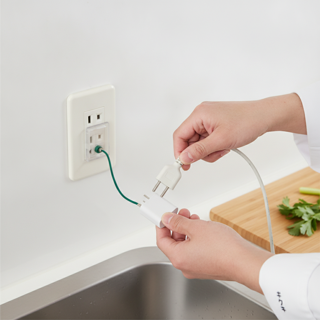 アース線付き変換アダプターでノートパソコンの電源ケーブルをアース端子付きコンセントに接続する様子