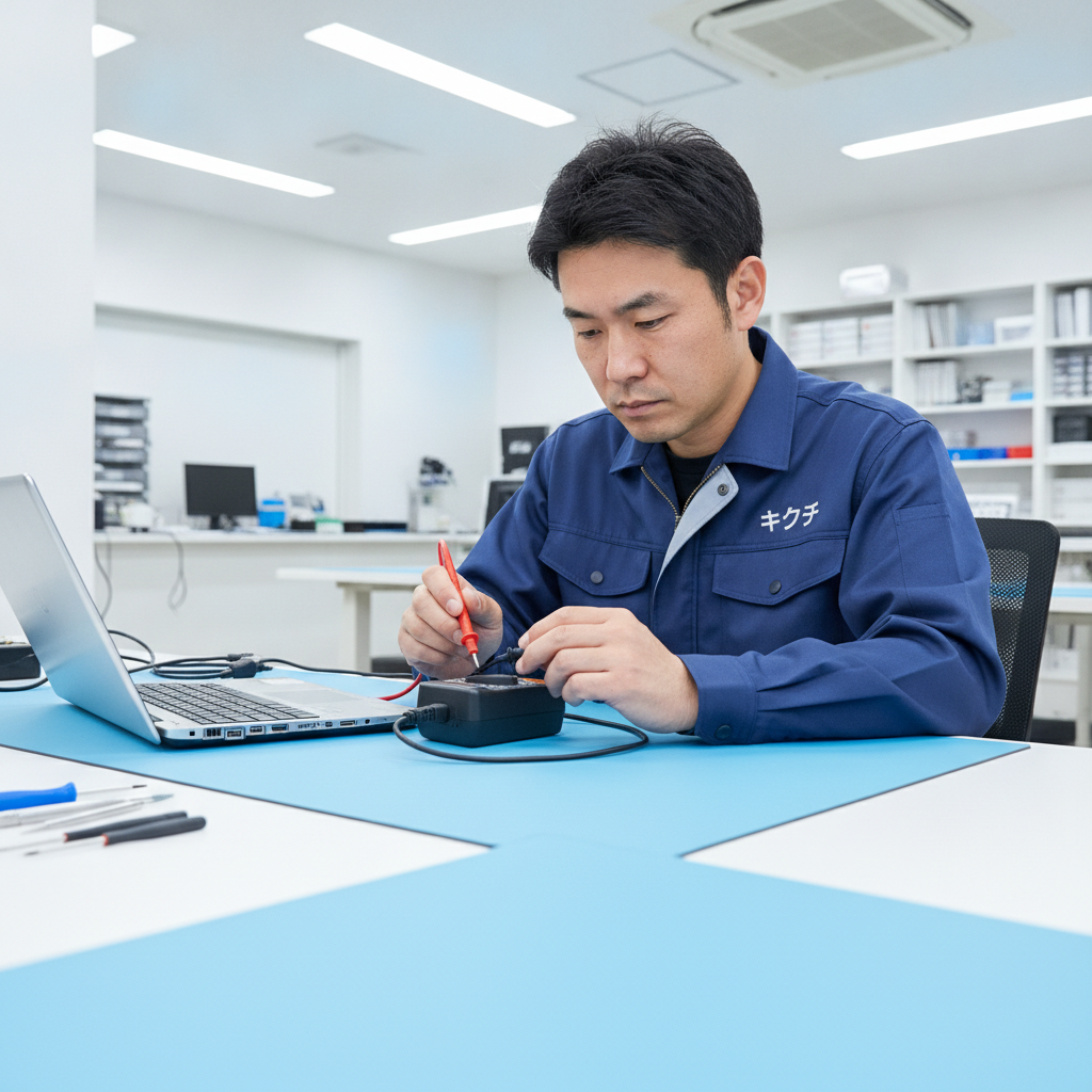修理スタッフがノートパソコンのACアダプターとケーブルをテスターで点検する様子