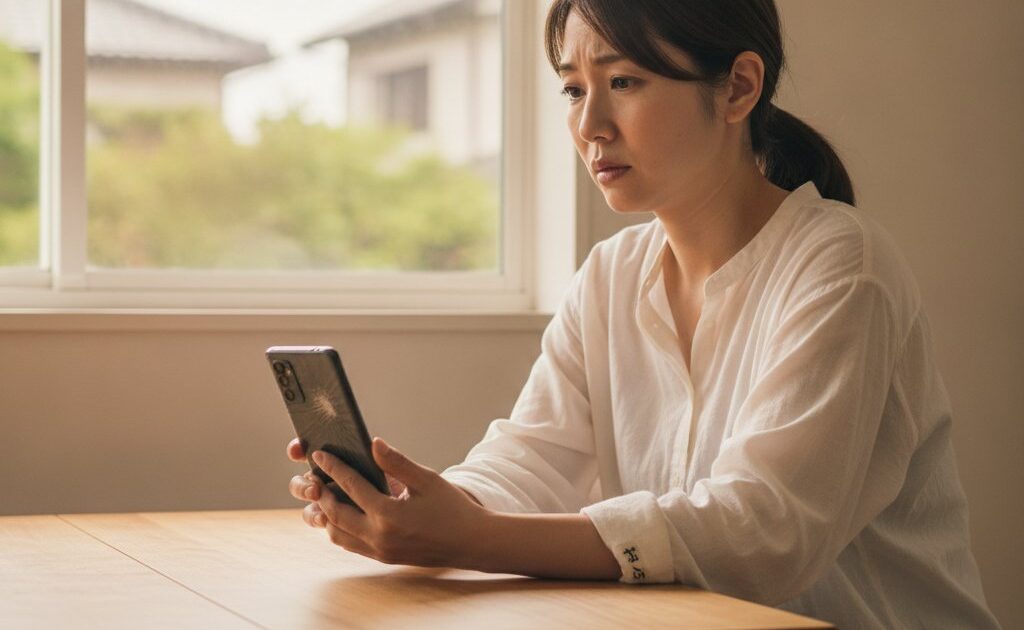 画面にヒビの入ったGoogle Pixel 10を見て困っている日本人女性
