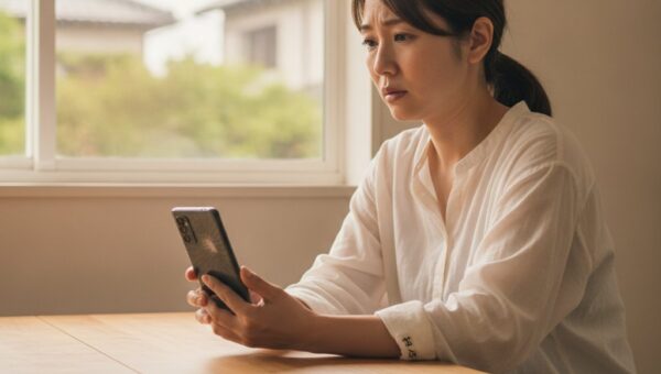 画面にヒビの入ったGoogle Pixel 10を見て困っている日本人女性
